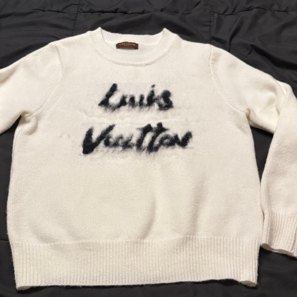 Louis Vuitton White Knit Logo Sweater with Black Script